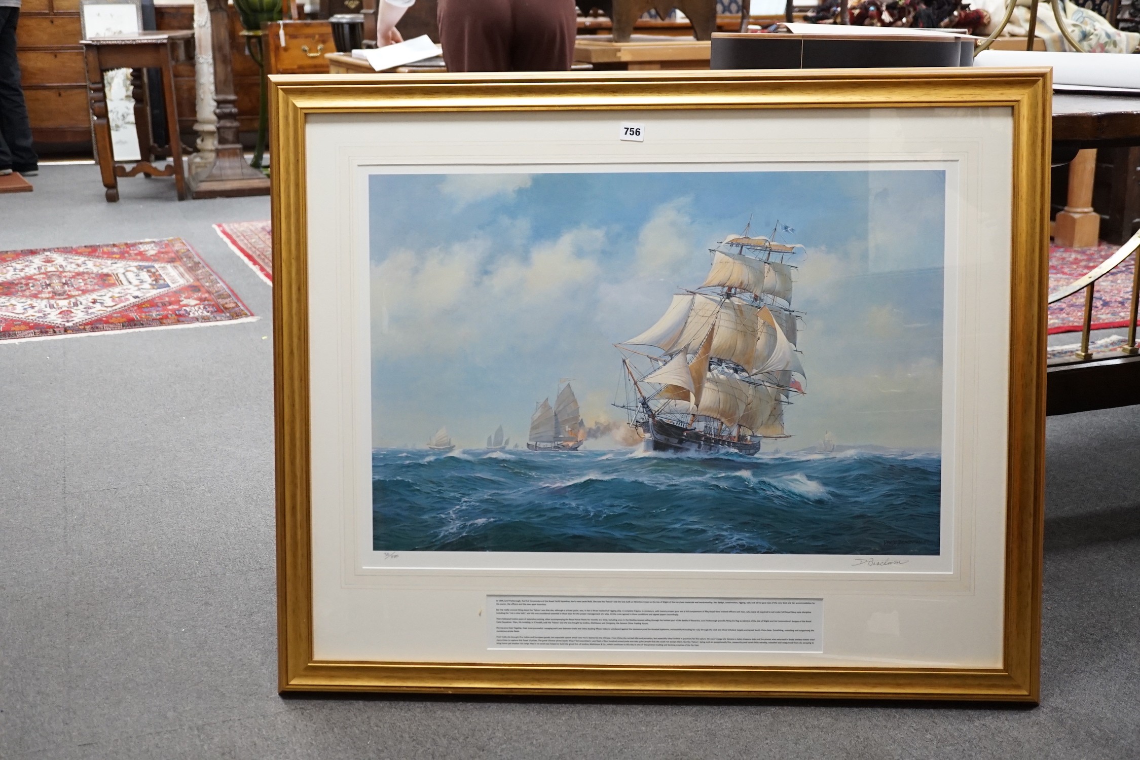 David Brackman (1932-2008), limited edition print, 'Lord Yarborough's yacht, Falcon', signed in pencil, 30/850, visible sheet 54 x 79cm